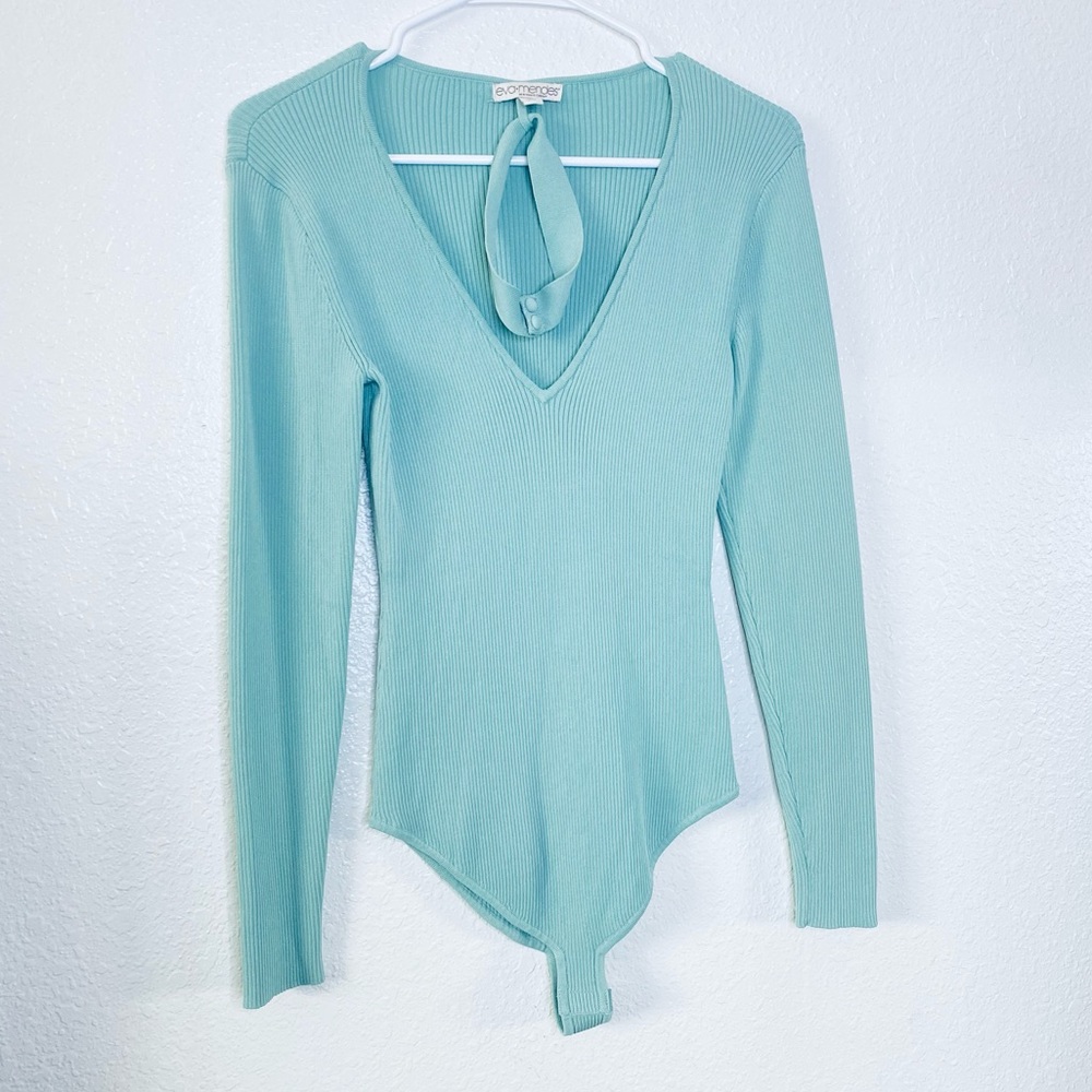 🍓 Eva Mendes Stretchy Ribbed V-Neck Choker Collar Long Sleeve Body Suit Small